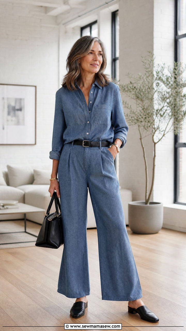Chambray Matching Shirt and Pants Set With Mules - 30 Matching set outfit ideas for women over 40