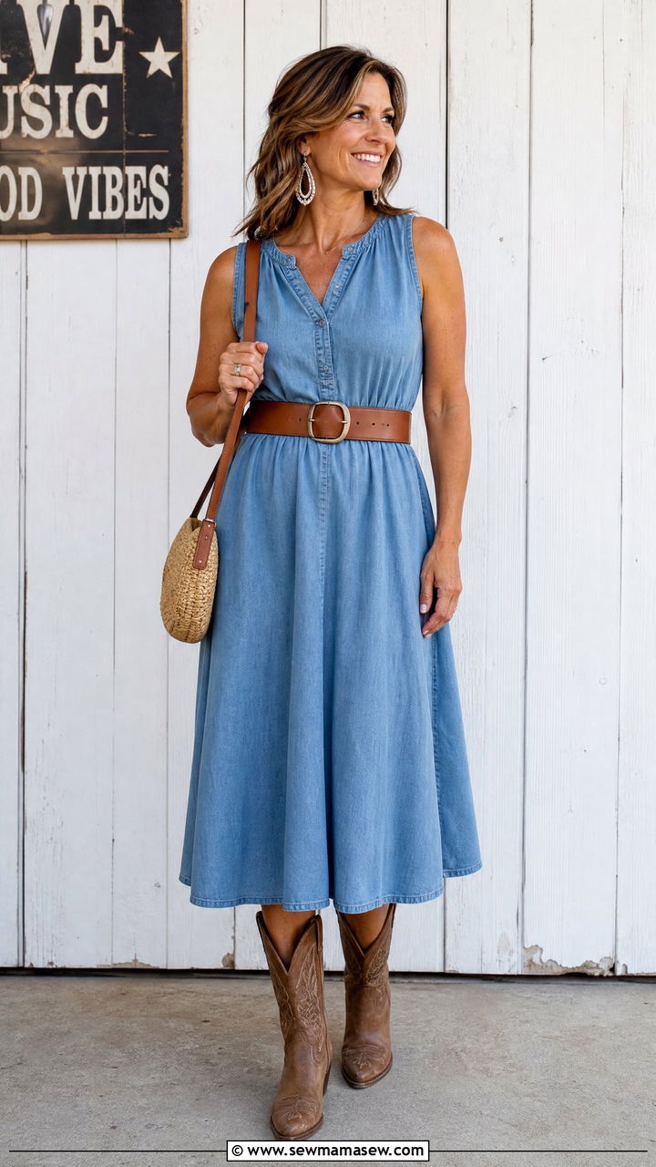Chambray Midi Dress With Woven Bag - 30 country concert outfits for women over 40