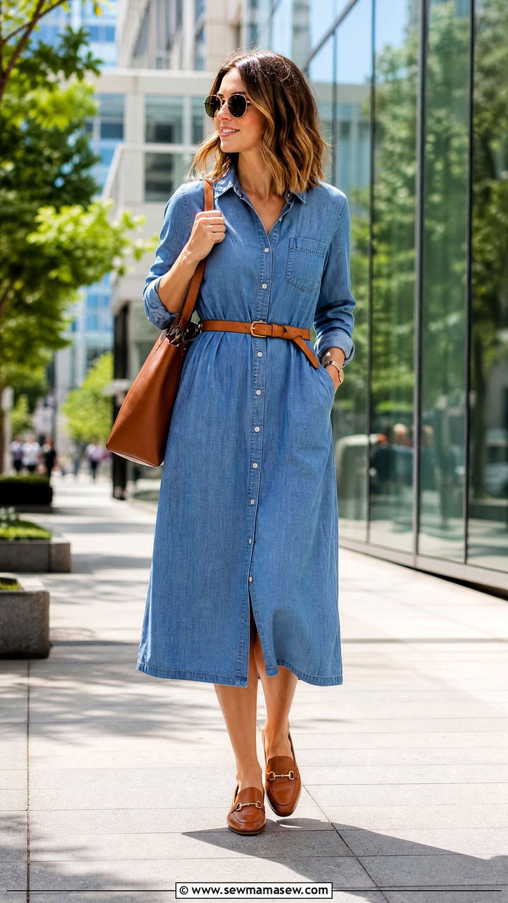 Chambray Midi Shirt Dress With Tan Leather Belt And Loafers - 30 summer outfits for office women