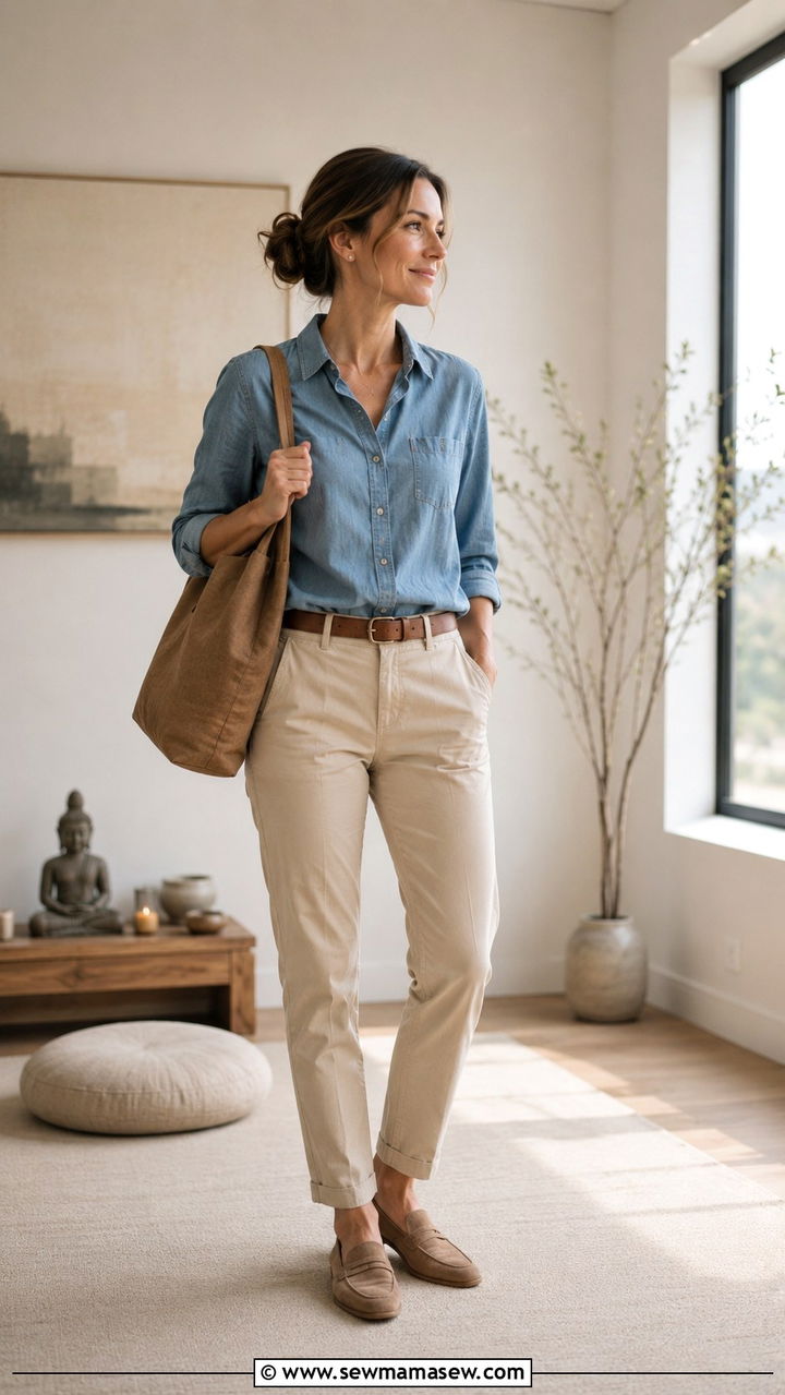 Chambray Shirt And Khaki Trousers For Mediation - 30 Mediation outfit ideas