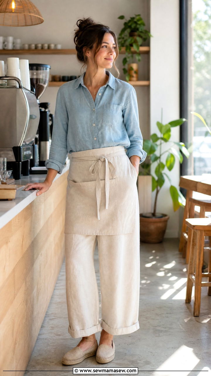 Chambray Shirt And Linen Trousers With Espadrilles - 30 Summer outfit ideas for barista