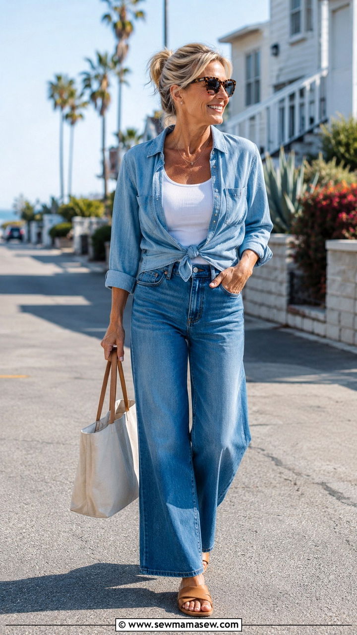 Chambray Shirt And Tank Top Over 50 Outfit - 30 Outfit ideas for women over 50 school drop off