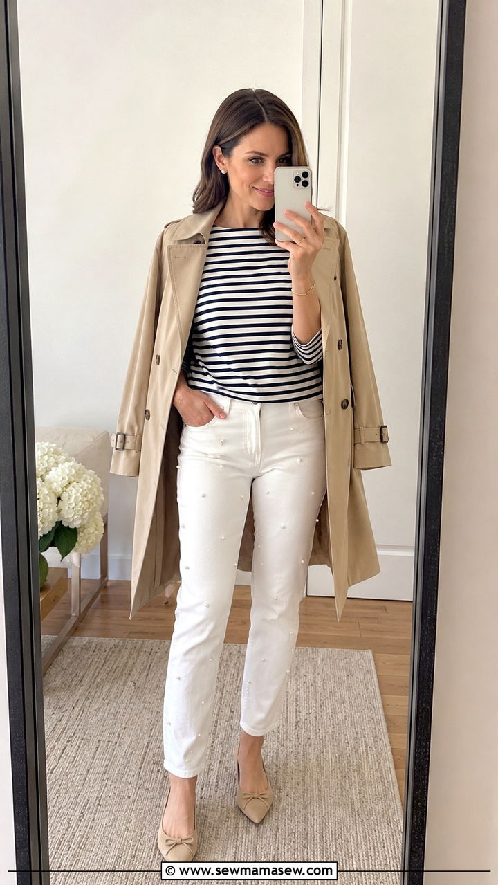 Chambray Shirt And White Denim With Silver Cuff - 30 Spring outfits with jewelry