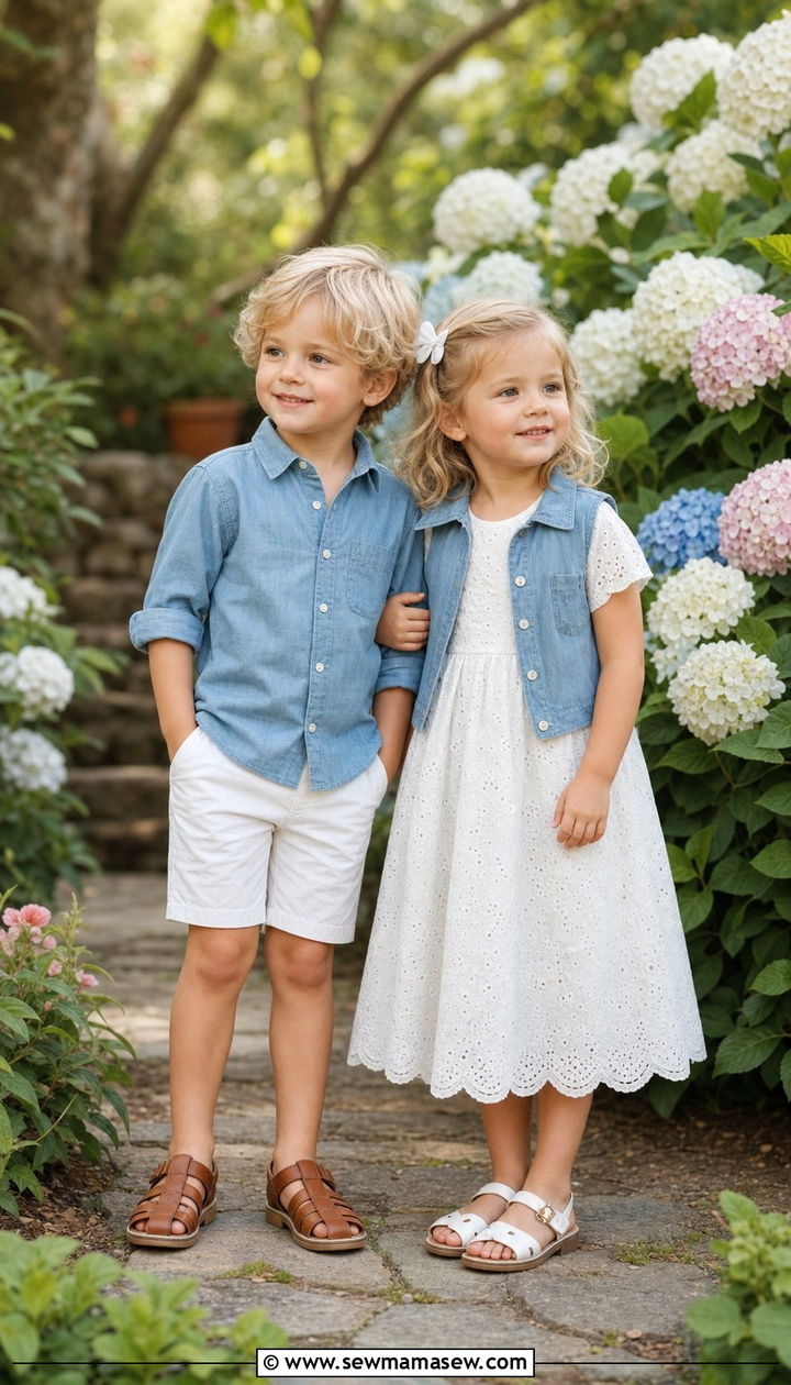 Chambray Shirt And White Shorts Sibling Outfits - 25 Spring sibling outfit ideas