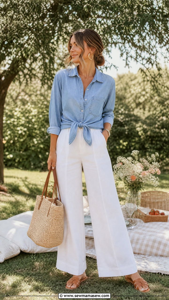 Chambray Shirt And White Trousers - 30 Mother's Day brunch outfit ideas
