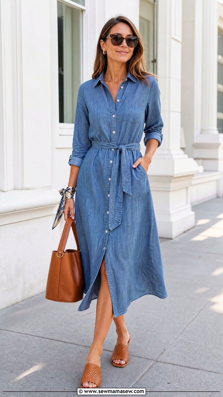 Chambray Shirt Dress And Woven Mule Sandals Outfit - 30 summer wardrobe essentials outfits