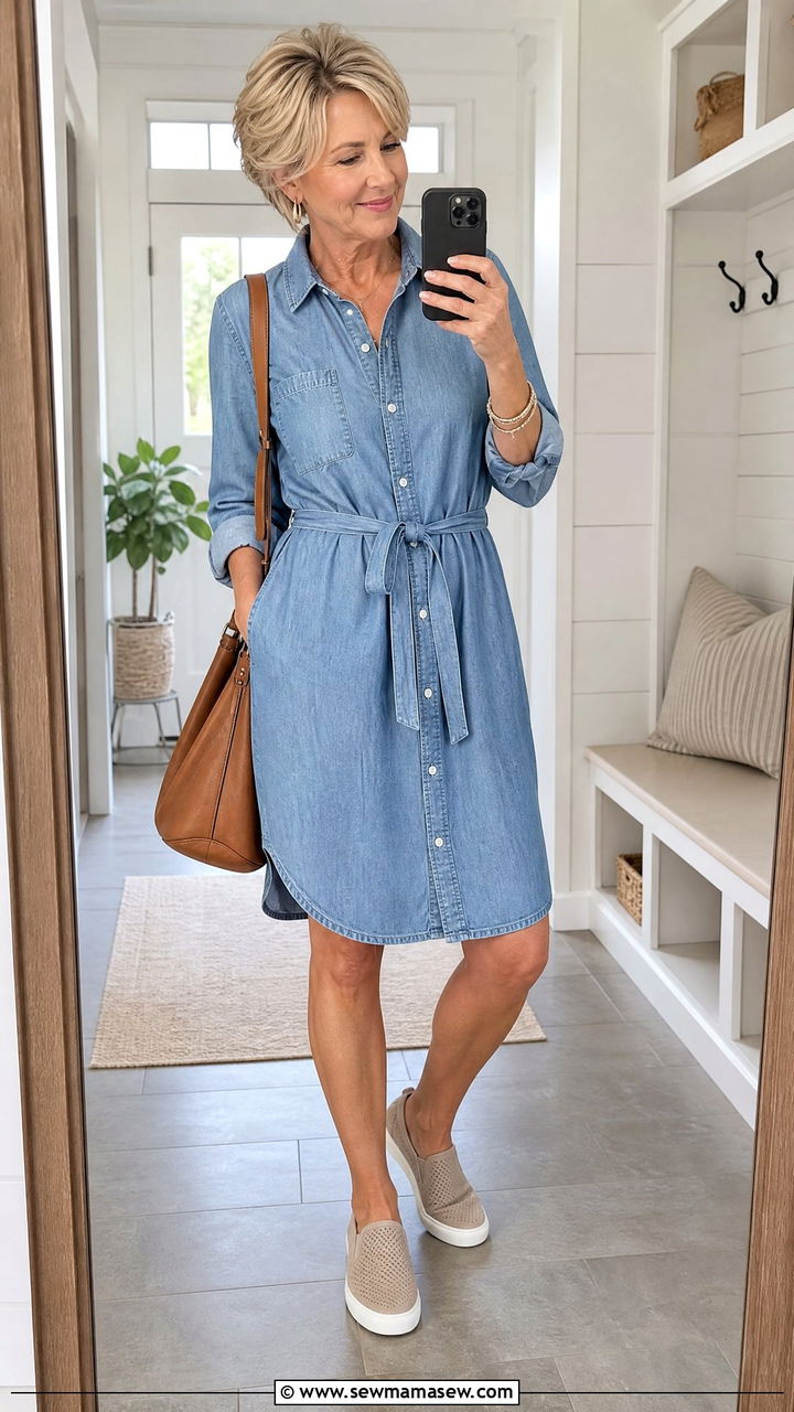 Chambray Shirt Dress Slip On Sneakers - 30 Outfit ideas for women over 50 errands