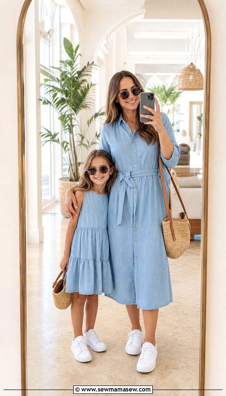 Chambray Shirt Dress Spring Coordination - 25 Spring mother daughter outfits