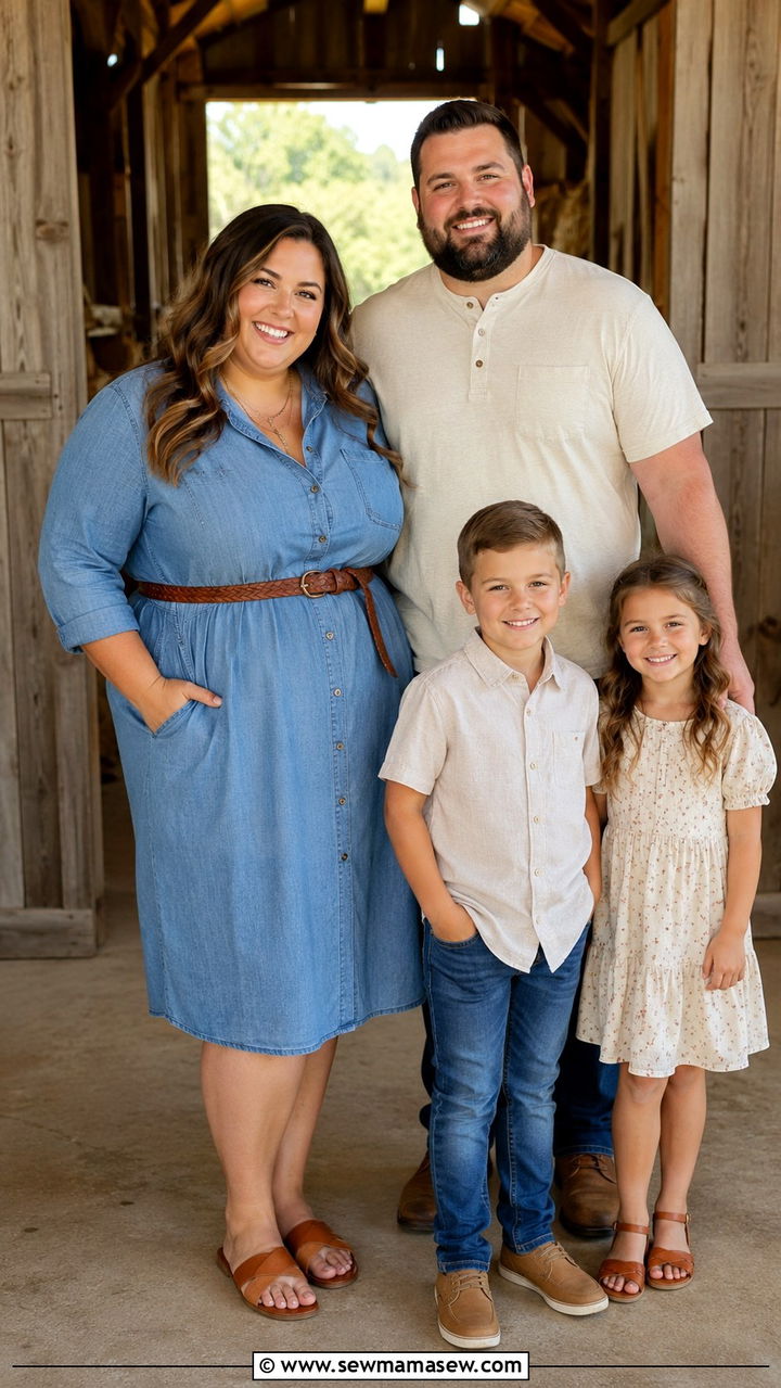 Chambray Shirt Dress With Brown Leather Sandals - 30 Plus size outfit ideas for family photos