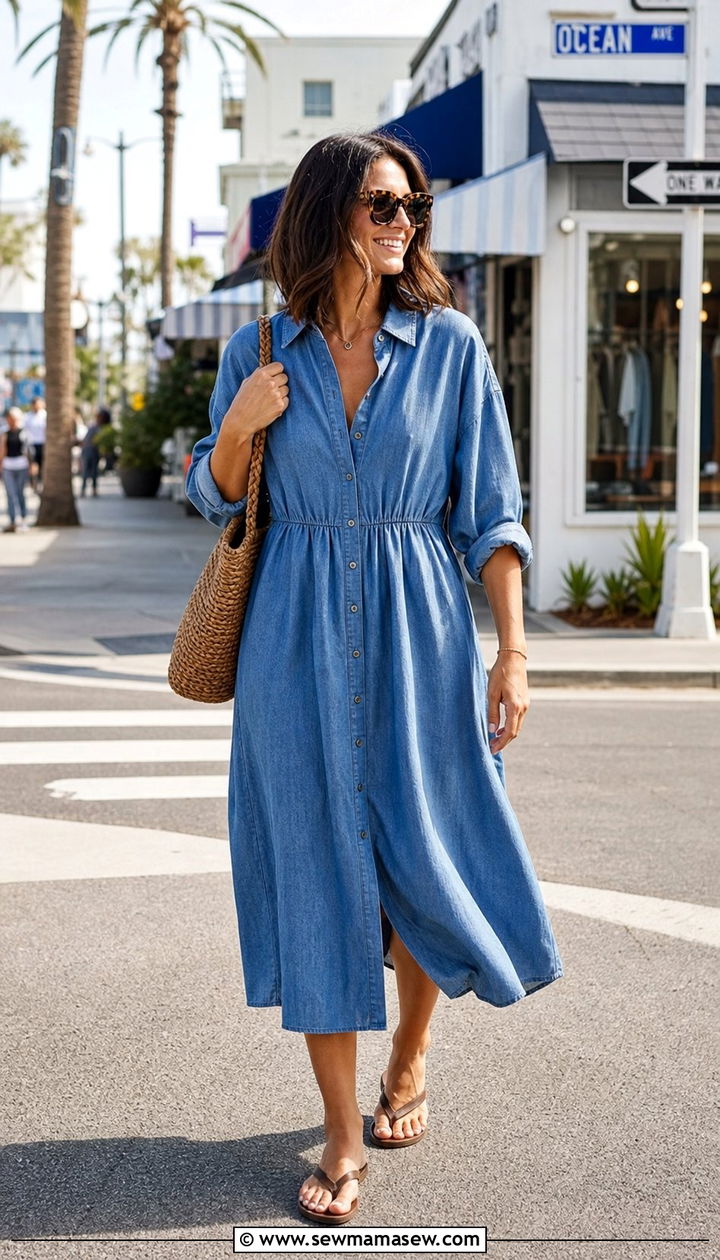 Chambray Shirt Dress With Leather Flip Flops - 25 Shirt dress outfit ideas with sandals