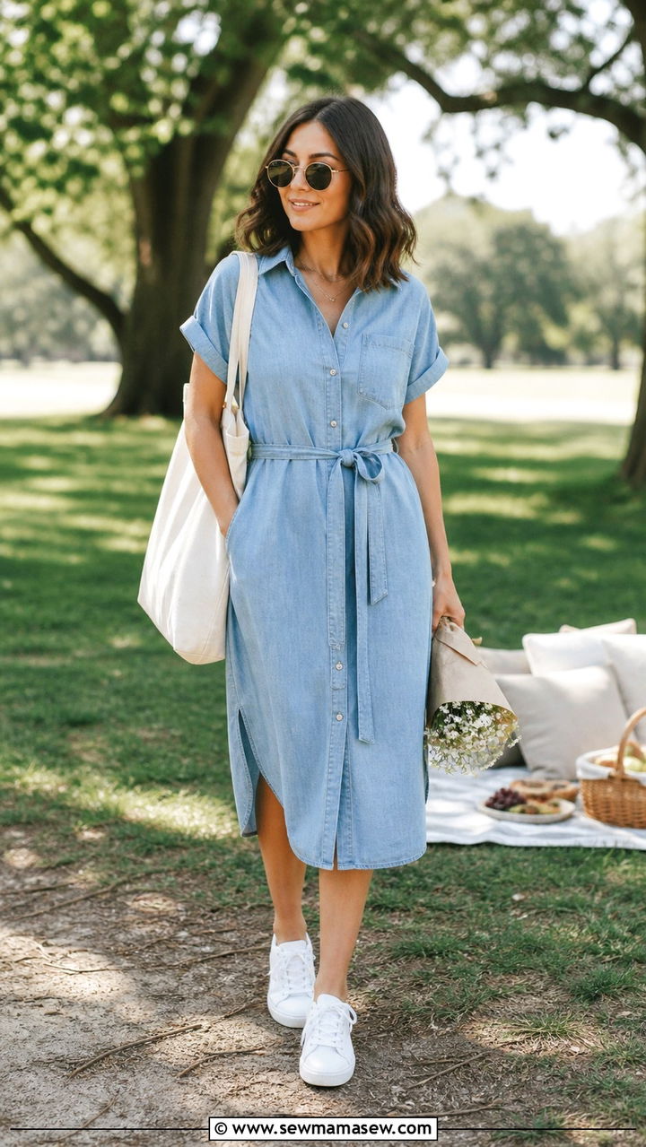 Chambray Shirt Dress With White Sneakers - 40 Brunch outfit ideas