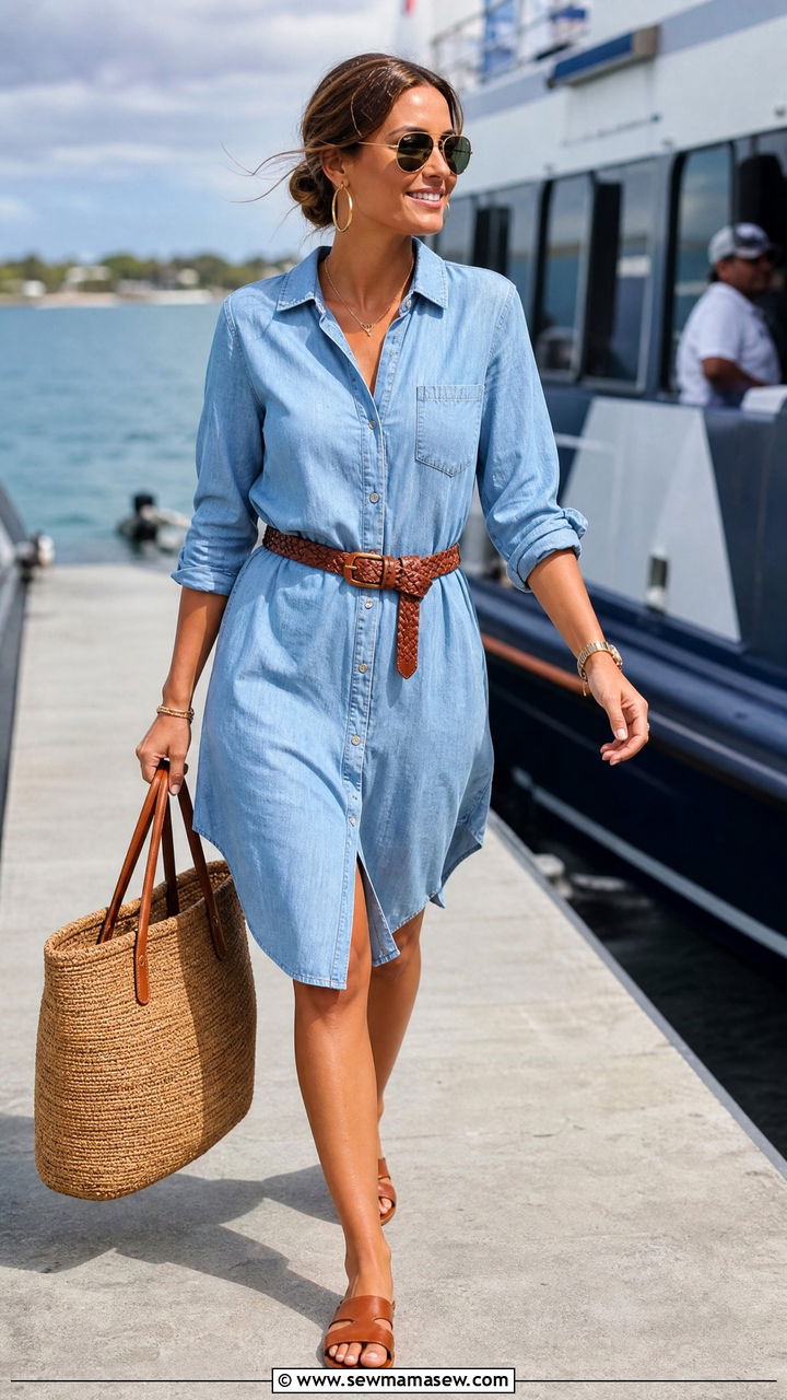 Chambray Shirt Dress With Woven Belt And Sandals - 40 What to wear in Punta Cana