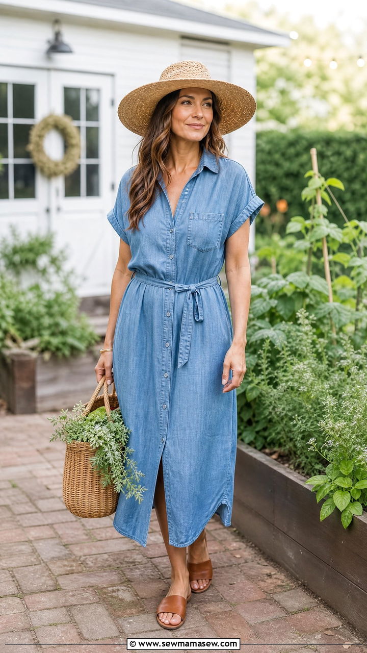 Chambray Shirt Dress and Straw Hat Summer Outfit - 30 summer pinterest outfit ideas