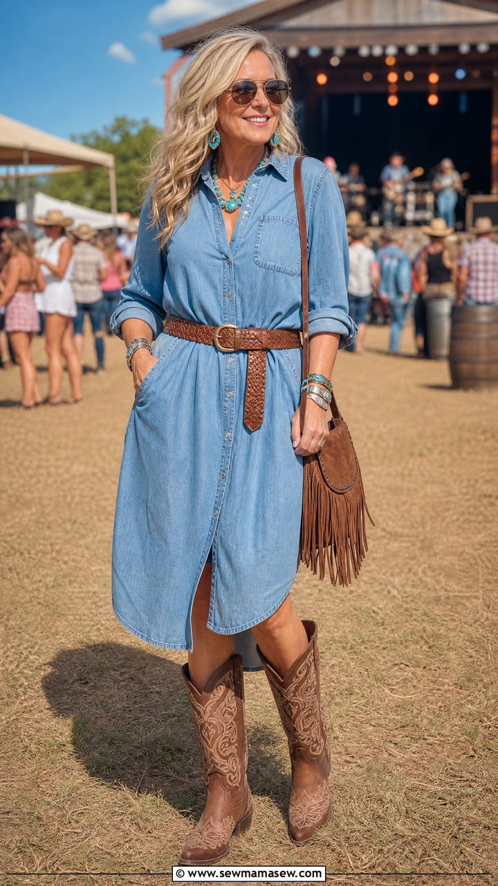 Chambray Shirt Dress with Embroidered Western Boots - 30 Concert outfits for women over 50