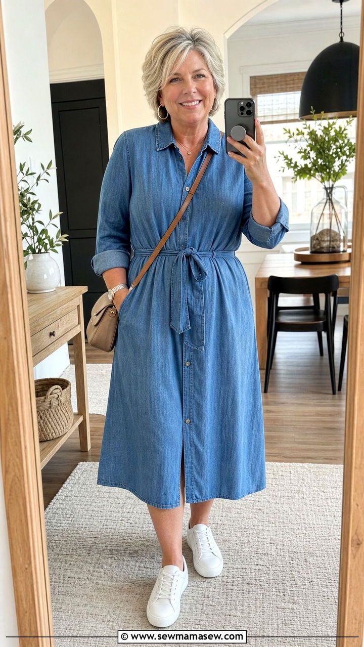 Chambray Shirt Dress with White Sneakers - 25 Curvy outfits for women over 50