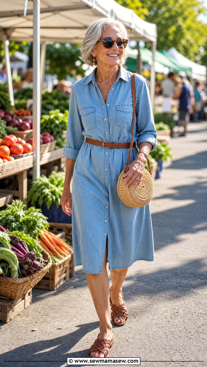 Chambray Shirt Dress with Woven Accessories - 40 Spring outfit ideas for women over 60 2026