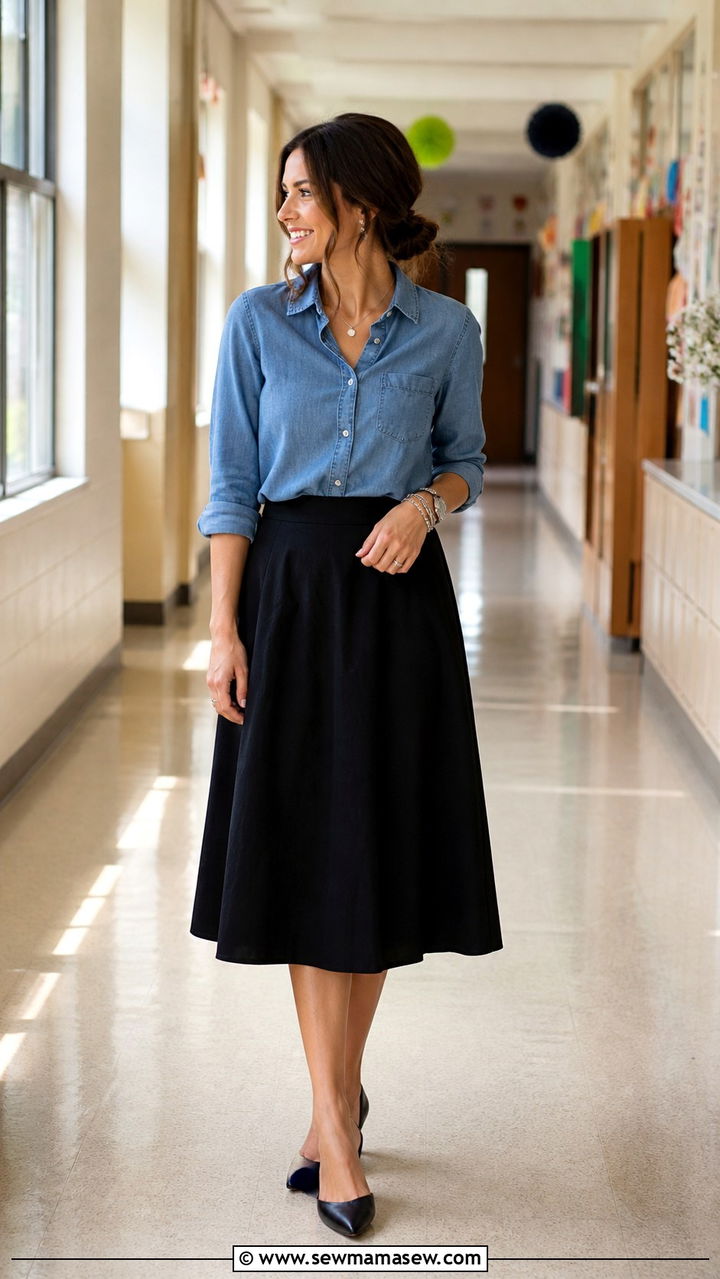 Chambray Shirt With Black Midi Skirt Outfit - 40 Spring teacher outfits