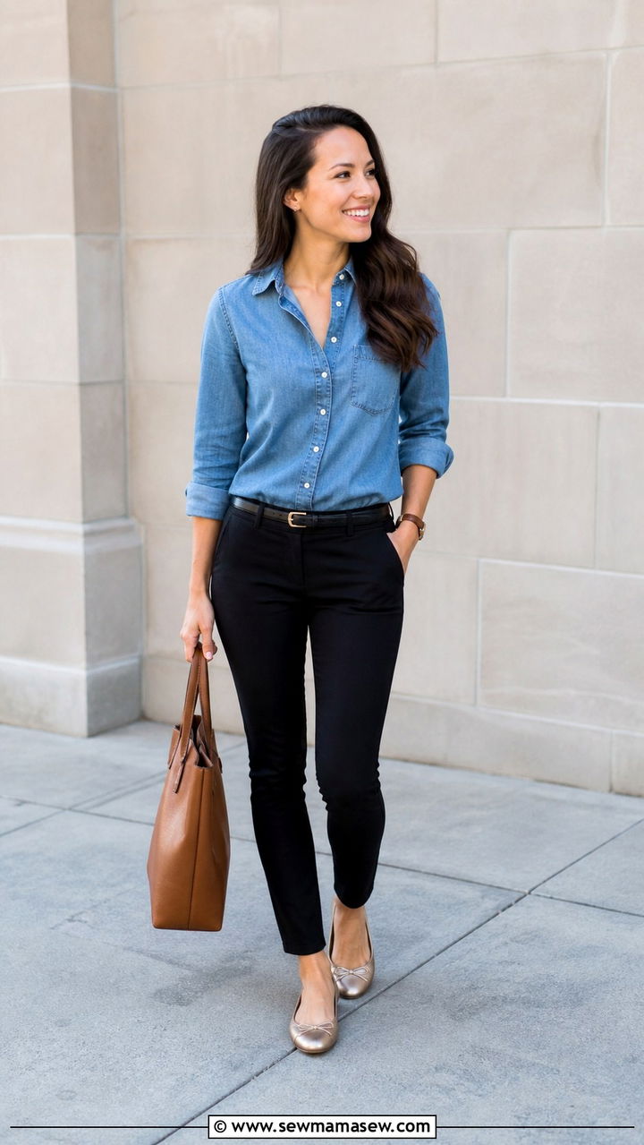 Chambray Shirt With Black Pants and Ballet Flats - 20 45 year old woman outfit ideas
