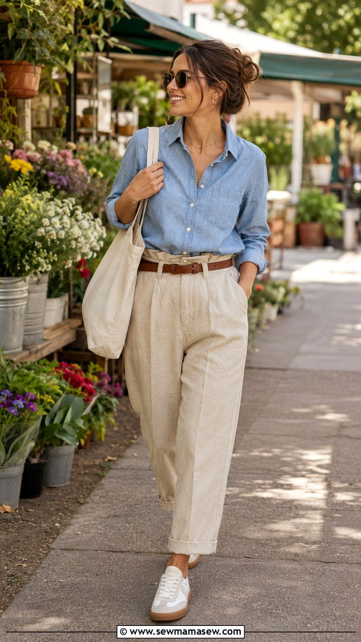 Chambray Shirt With PaperbagWaist Linen Trousers and GumSole Sneakers - 30 Spring outfits with sneakers
