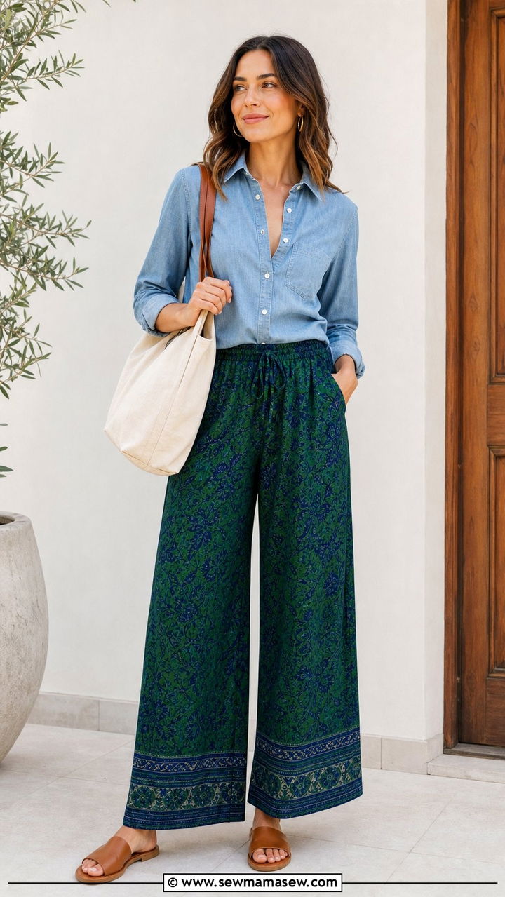 Chambray Shirt With Printed Palazzo Pants Boho Look - 35 boho chic outfits ideas