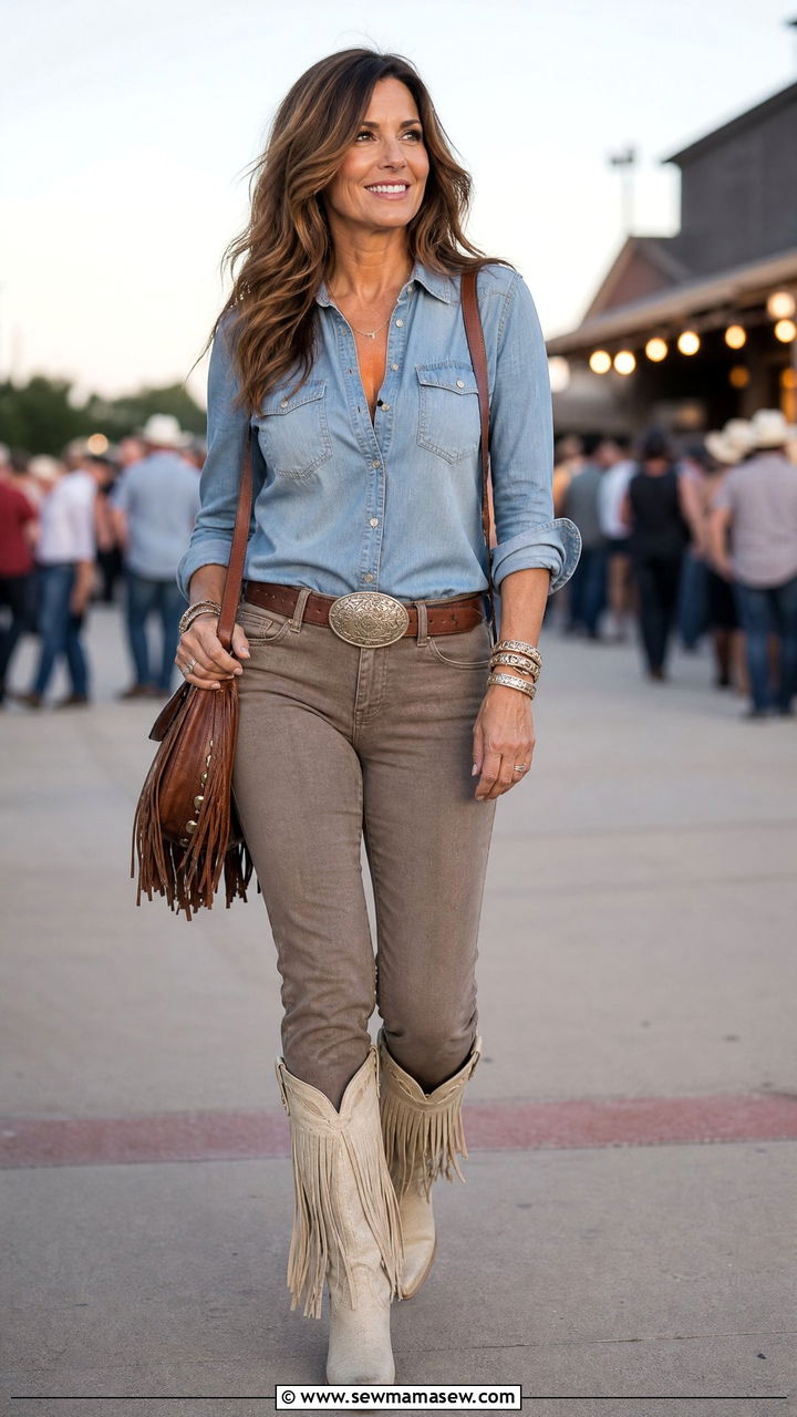 Chambray Shirt With Suede Pants And Fringe Boots - 30 country concert outfits for women over 40