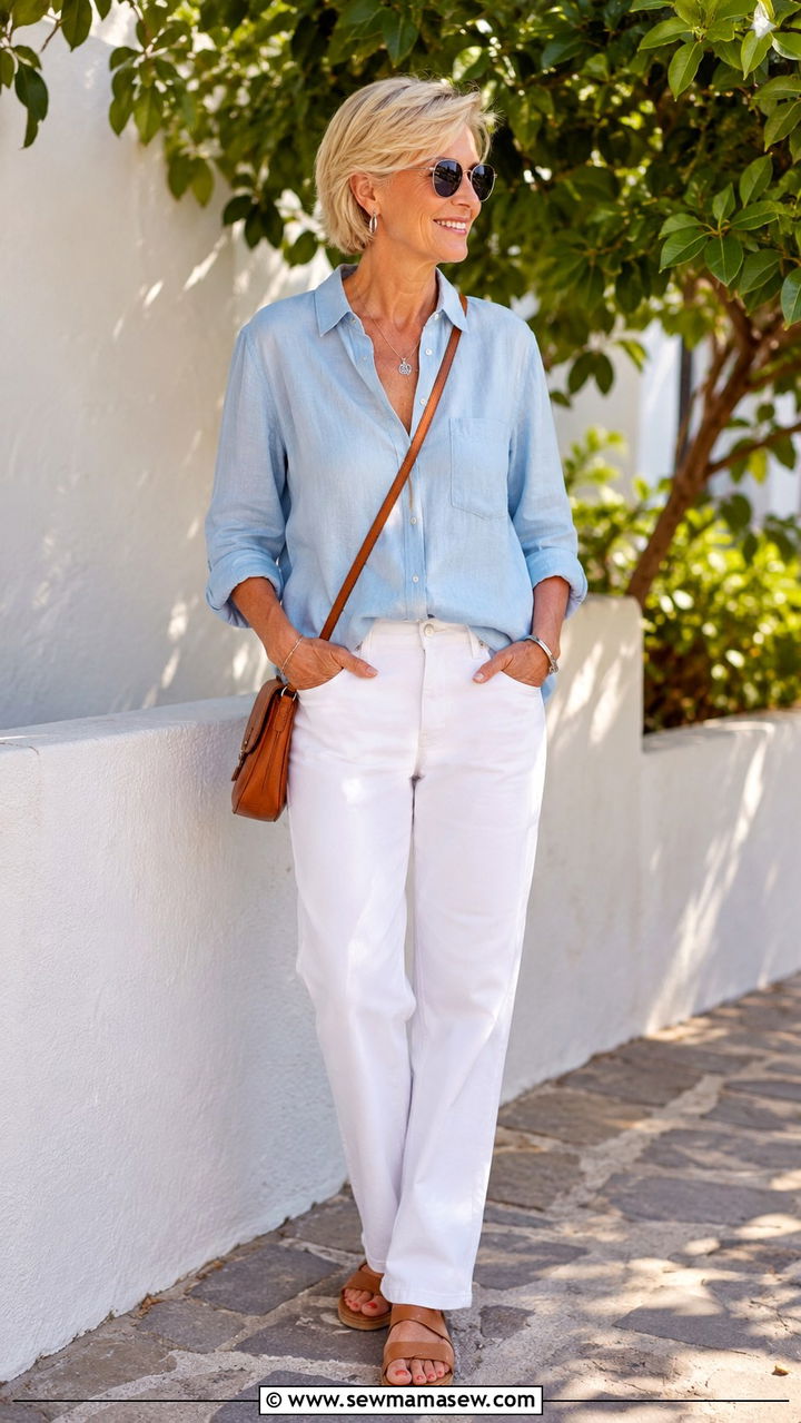 Chambray Shirt With White Jeans - 25 Outfit ideas for women over 50 weekend