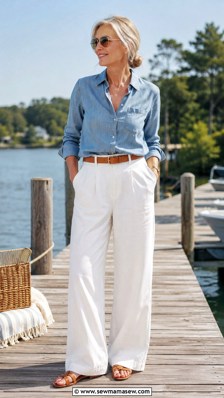Chambray Shirt With White Wide Leg Trousers - 30 Picnic outfits for women over 50