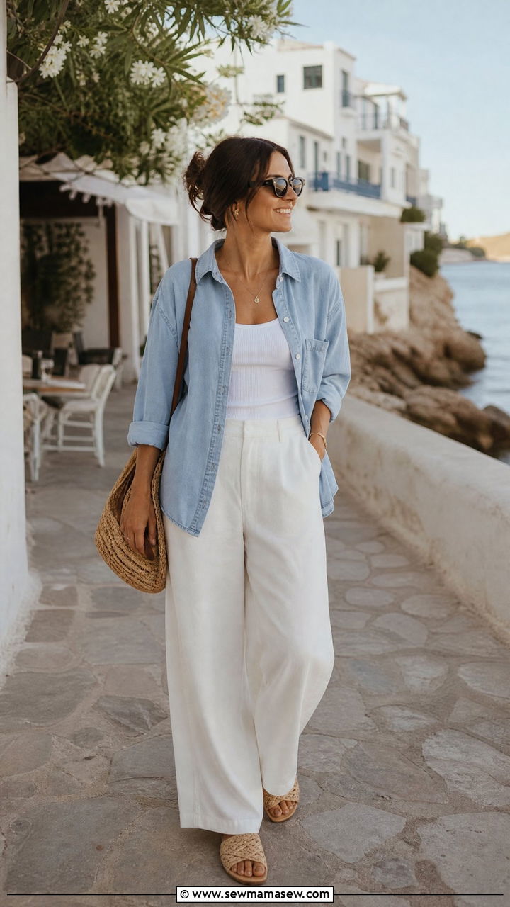 Chambray Shirt With White Wide Leg Trousers And Raffia Sandals - 30 Stylish spring outfit ideas 2026