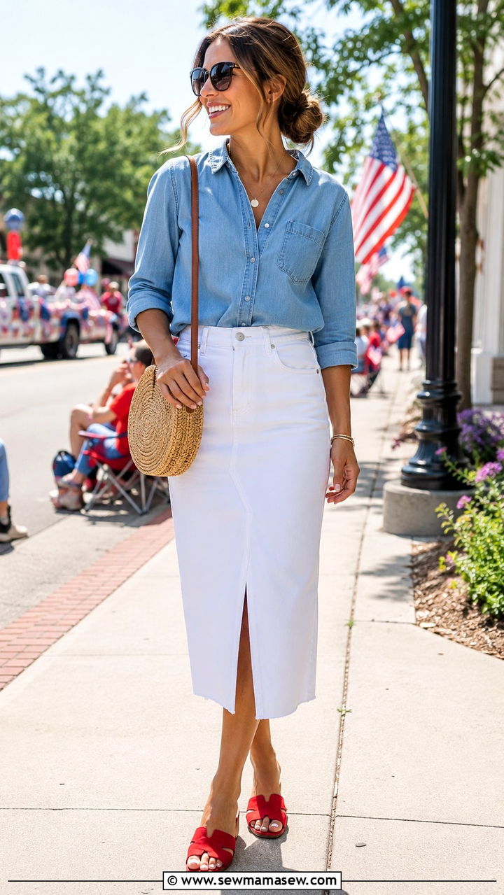 Chambray Shirt With a White Denim Skirt - 25 4th of July outfit ideas