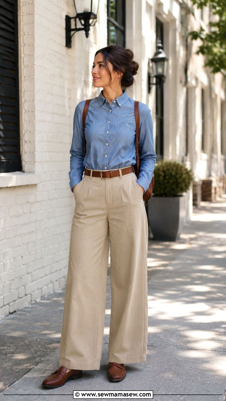 Chambray Shirt and Khaki Wide Leg Pants - 25 modest classy outfits to copy