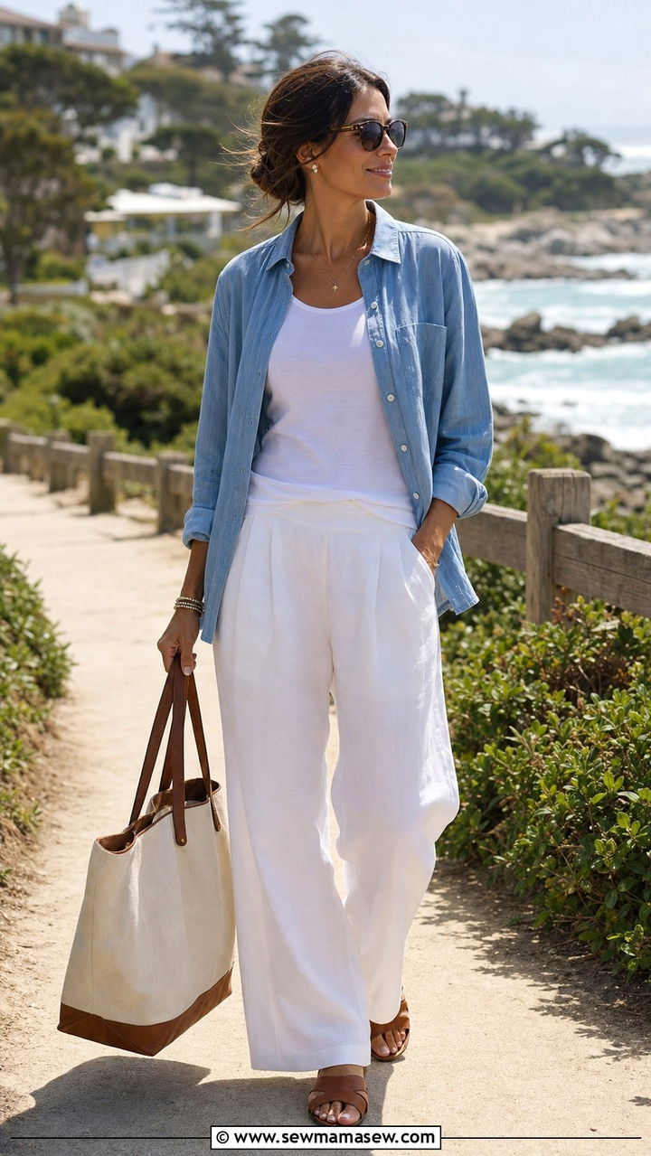 Chambray Shirt and White Linen Pants - 25 Coastal grandmother outfits 2026
