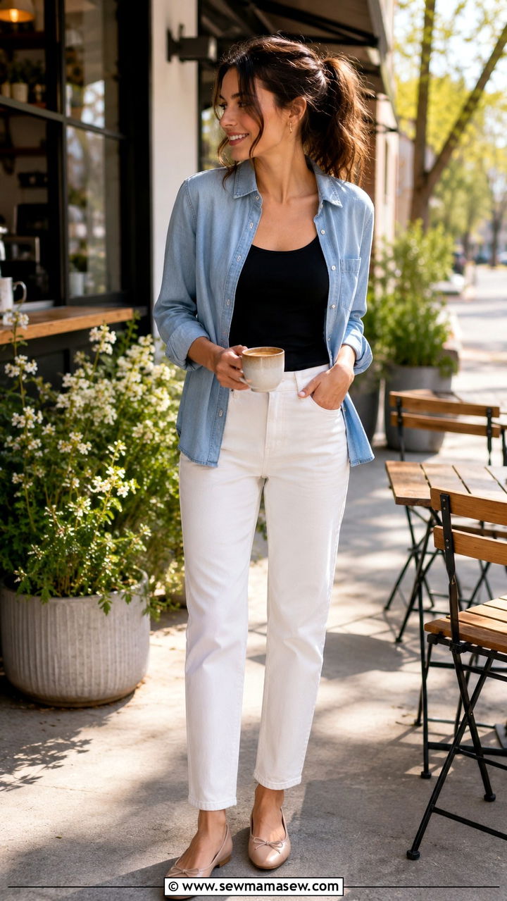 Chambray Shirt with Black Tank and White Jeans - 30 Spring outfit ideas for barista