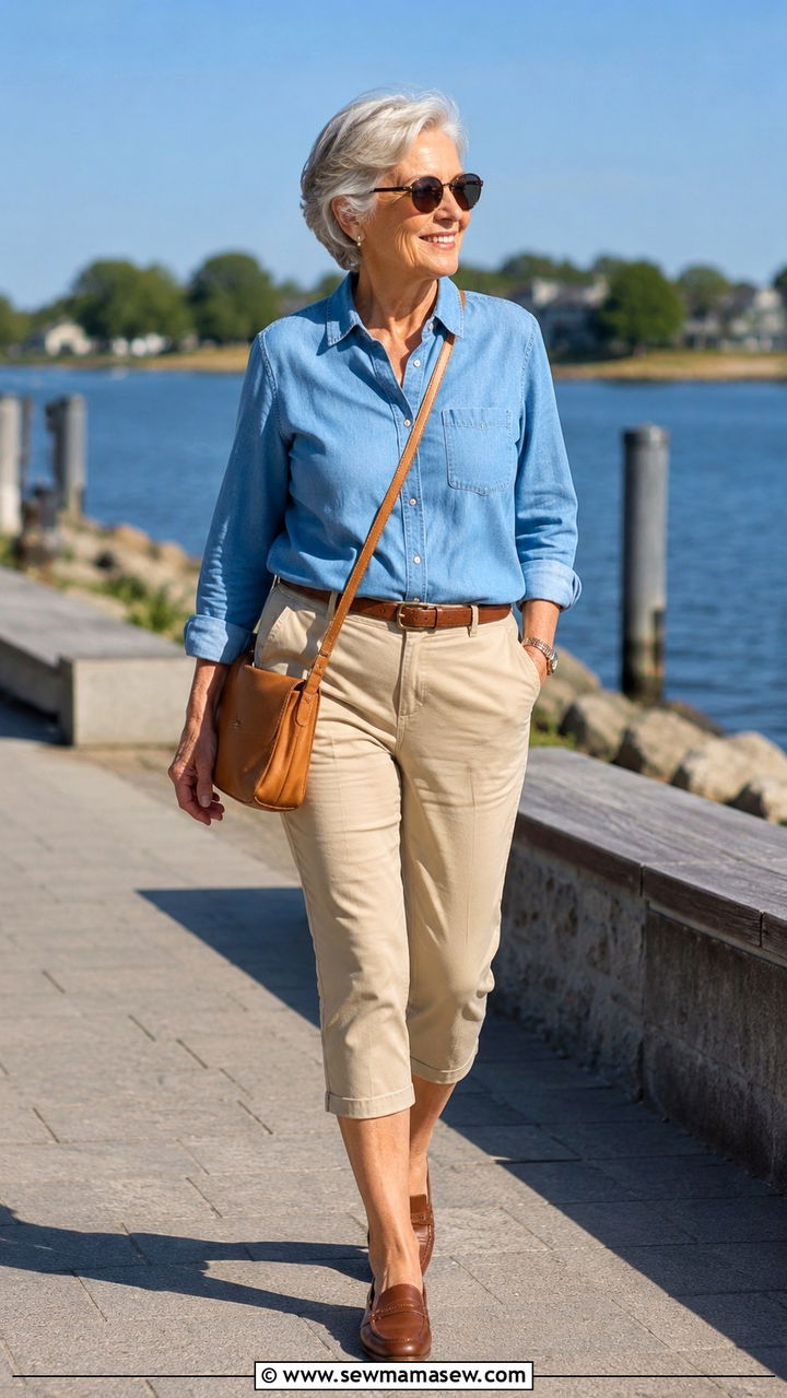 Chambray Shirt with Capri Pants Outfit - 30 Spring outfits for women over 70