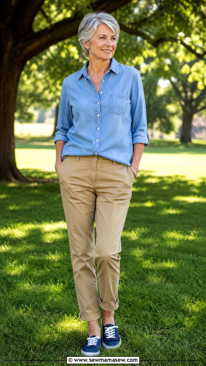 Chambray Shirt with Khaki Chinos and Canvas Sneakers - 30 Capsule wardrobe women over 50