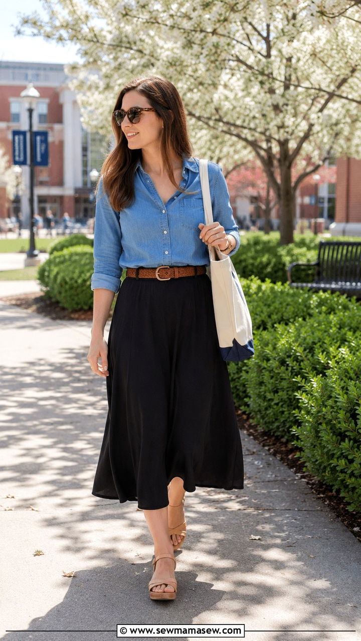 Chambray Shirt with Midi Skirt and Wedge Sandals - 30 Spring outfit ideas for teacher