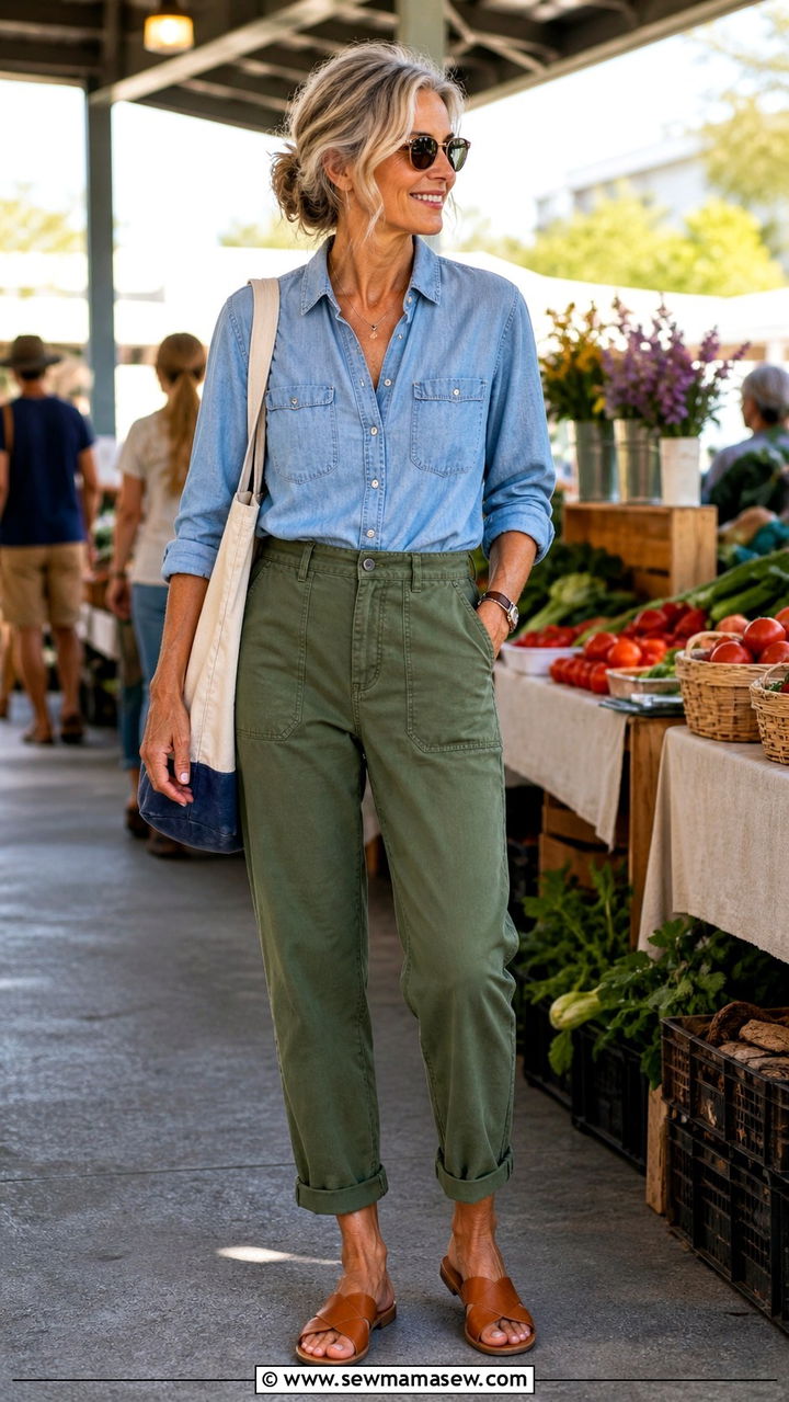 Chambray Shirt with Olive Utility Pants - 40 Outfit ideas for women over 50