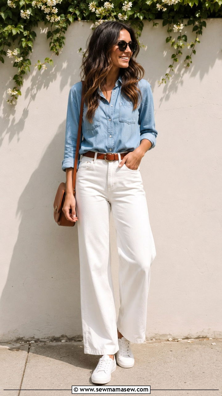 Chambray Shirt with White Jeans and Sneakers - 30 Spring outfits with jeans
