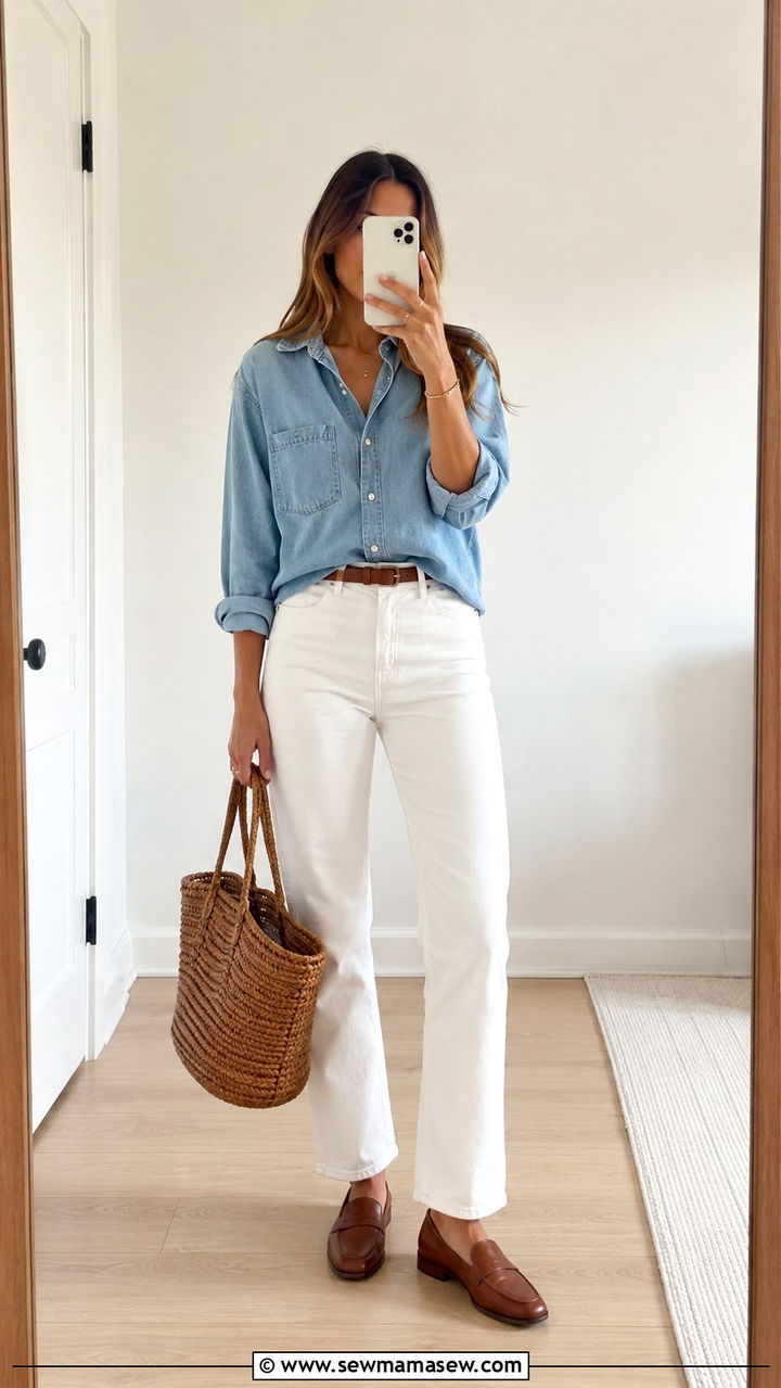 Chambray Shirt with White Straight Leg Jeans Outfit - 25 Professional outfits for women 2026