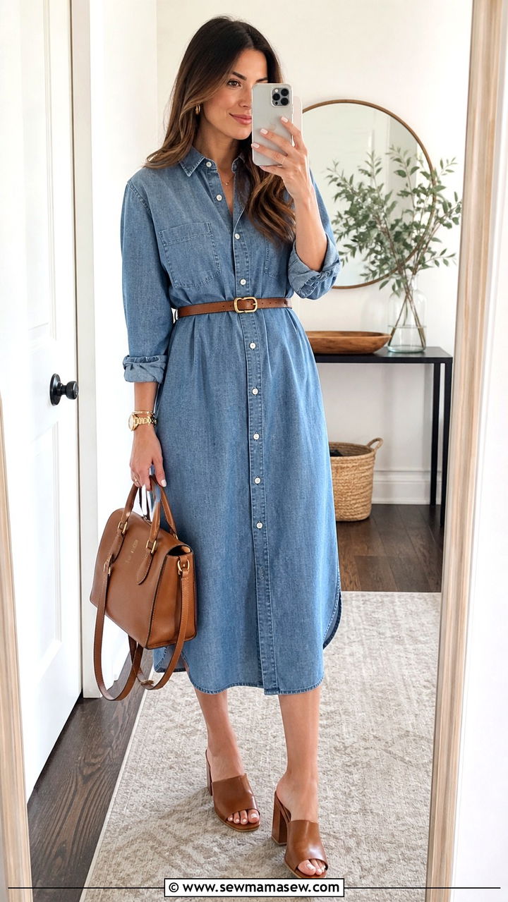 Chambray Shirtdress With Brown Leather Belt - 40 spring business casual outfits