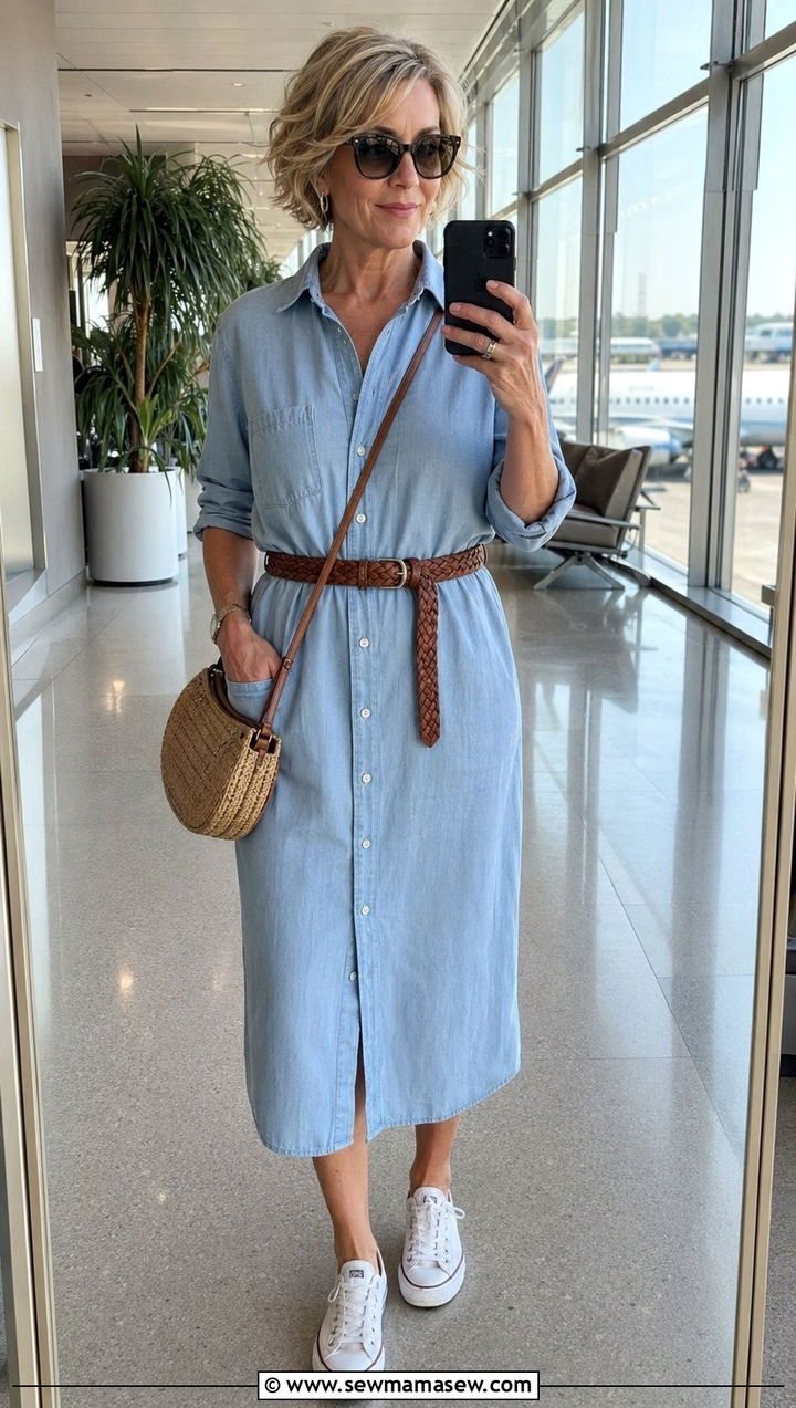Chambray Shirtdress With White Sneakers - 35 Airport outfit ideas for women over 50