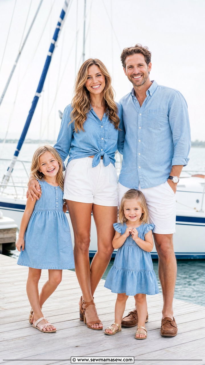Chambray Shirts and White Shorts Lake Family Photoshoot - 30 summer family photoshoot outfit ideas