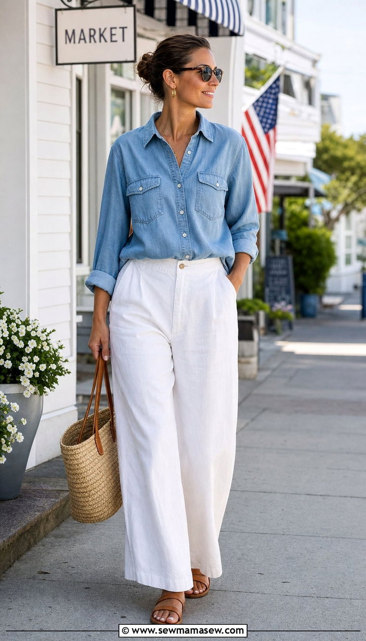 Chambray Utility Shirt With White Wide Leg Pants And Tan Sandals - 25 coastal grandmother capsule wardrobe outfits