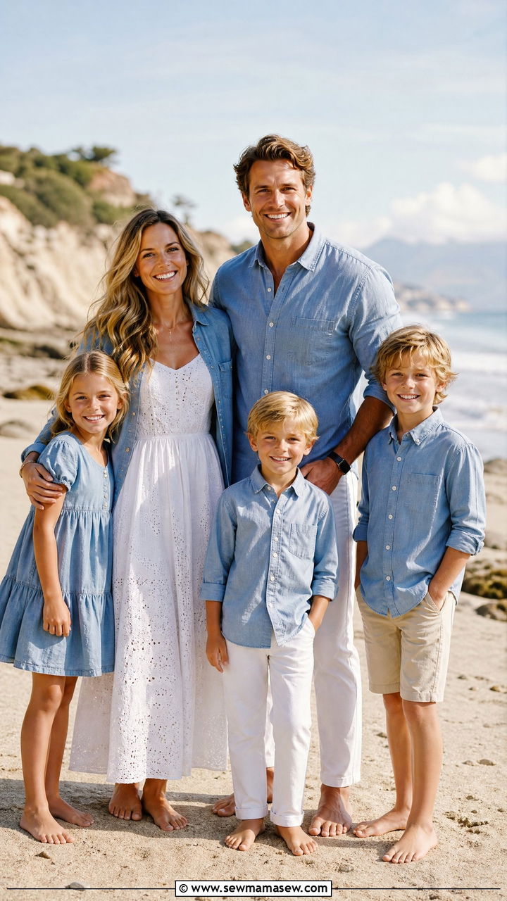 Chambray and White Family Beach Outfit - 30 Family beach photo outfit ideas