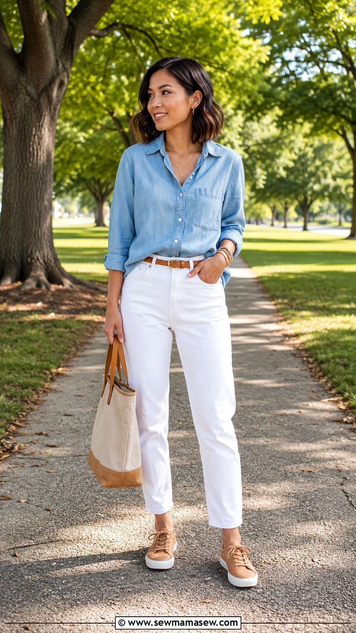 Chambray button down half tucked with white mom jeans and leather sneakers - 25 Petite outfit ideas for moms