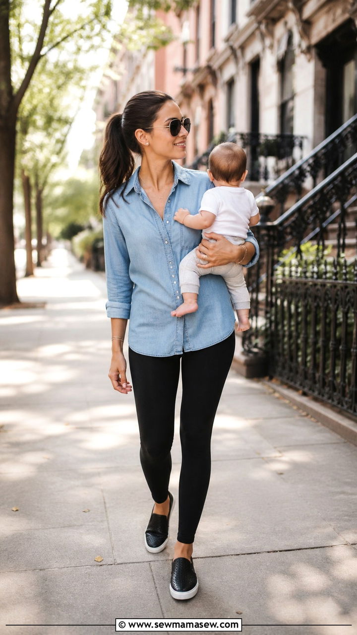 Chambray button down with black full length leggings and slip on sneakers - 20 4th trimester outfit ideas