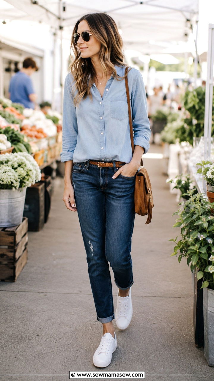 Chambray button down with boyfriend jeans outfit - 25 Boyfriend jeans outfit ideas with a button down