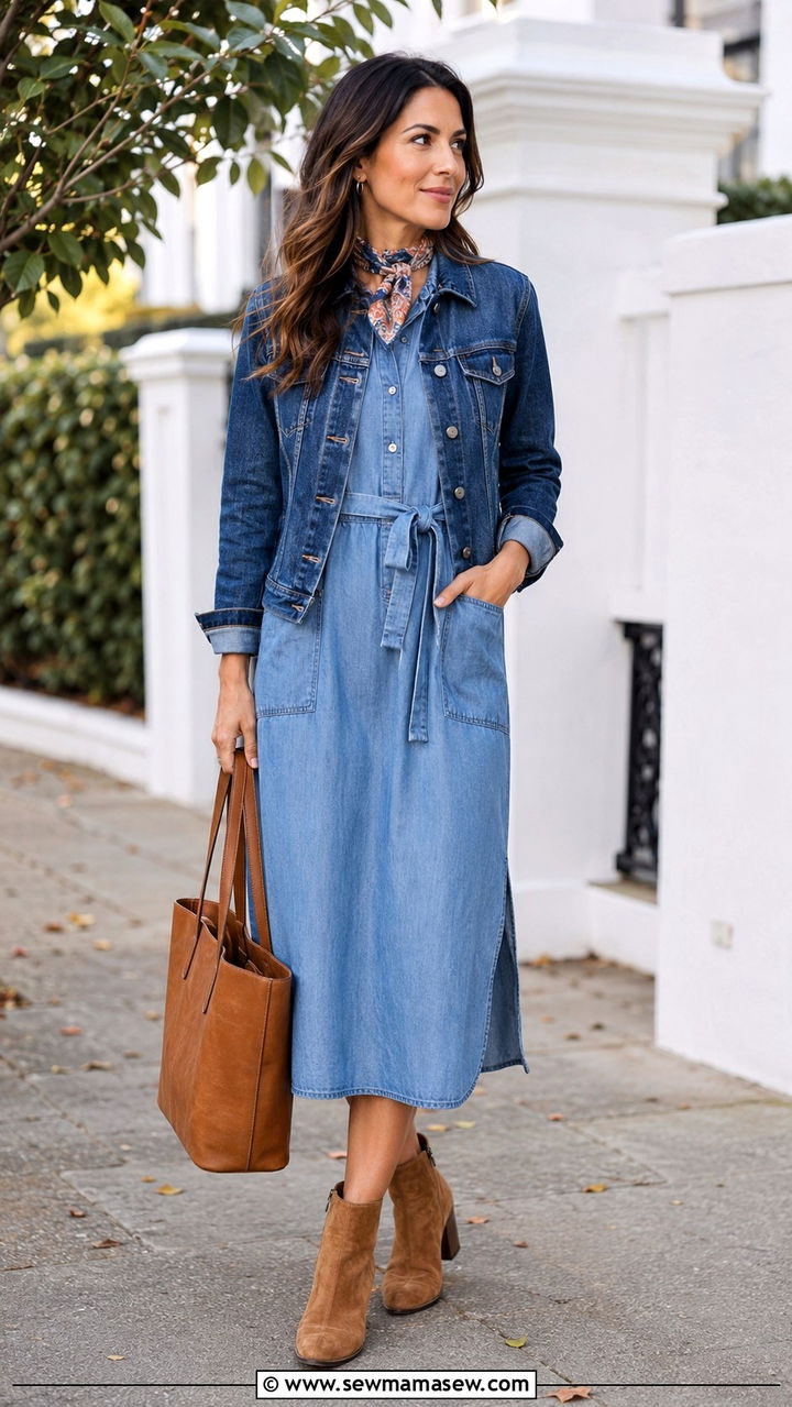 Chambray midi dress with a denim jacket and suede ankle boots - 30 Midi dress outfit ideas with a denim jacket