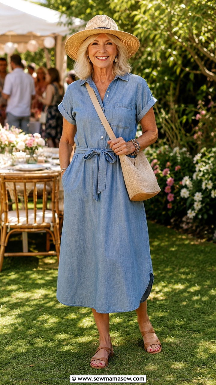 Chambray midi dress with a straw hat - 25 Modest outfits for women over 60
