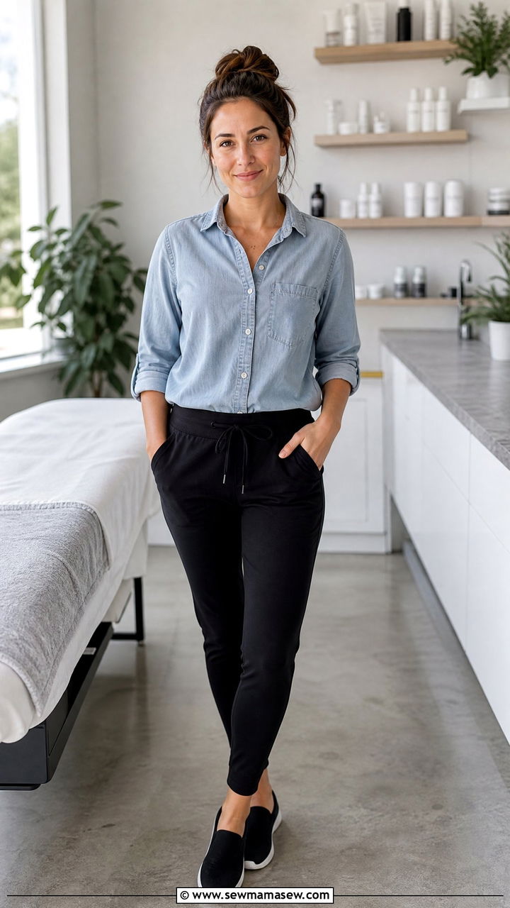 Chambray shirt and black joggers - 30 Esthetician outfit ideas