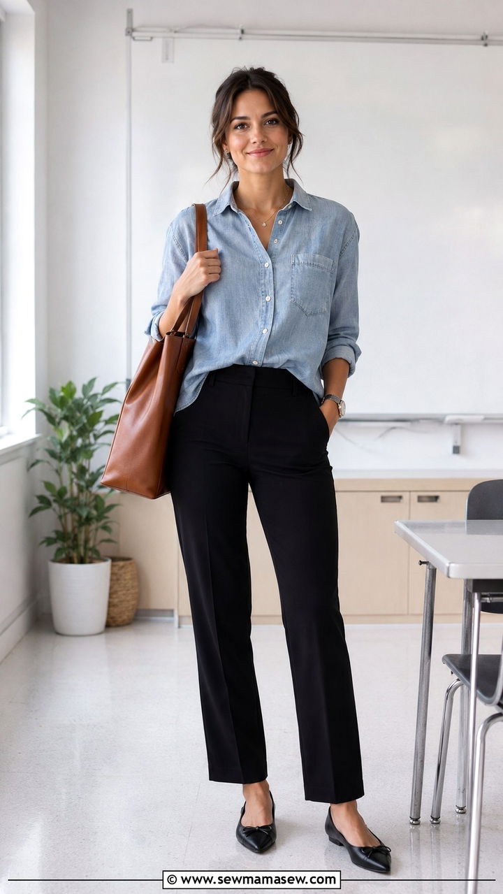 Chambray shirt and black trousers - 30 Middle school teacher outfit ideas